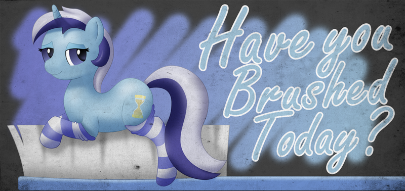 Size: 1280x604 | Tagged: suggestive, artist:fly1ngsquid, derpibooru import, minuette, bedroom eyes, clothes, female, socks, solo, solo female, striped socks, toothbrush