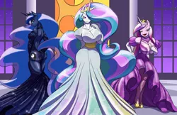Size: 1280x828 | Tagged: anthro, artist:toughset, ass, back, bedroom eyes, breasts, busty princess cadance, busty princess celestia, busty princess luna, cleavage, clothes, derpibooru import, dress, female, frown, grin, looking at you, looking back, moonbutt, open mouth, princess cadance, princess celestia, princess luna, smiling, socks, suggestive, thigh highs, unguligrade anthro
