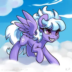 Size: 1500x1500 | Tagged: safe, artist:kp-shadowsquirrel, derpibooru import, cloudchaser, pegasus, pony, cloud, cloudy, female, grin, mare, raised hoof, smiling, solo, spread wings