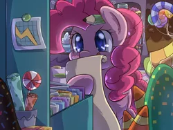 Size: 1600x1200 | Tagged: safe, artist:tikrs007, derpibooru import, pinkie pie, earth pony, pony, party pooped, balloon, candy, cute, diapinkes, female, file cabinet, folder, heart eyes, mare, party cave, pencil, solo, wingding eyes