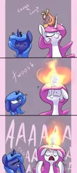 Size: 1200x2700 | Tagged: safe, derpibooru import, philomena, princess celestia, princess luna, pony, aaaaaaaaaa, blushing, cewestia, coughing, cute, cutelestia, d:, dialogue, eyes closed, female, filly, fire, floppy ears, funny, grin, laughing, lunabetes, on fire, open mouth, pink-mane celestia, screaming, smiling, tongue out, underpable is trying to murder us, wide eyes, woona
