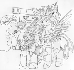 Size: 954x900 | Tagged: armor, artist:negativefade, baneblade, crossover, derpibooru import, indrick boreale, microphone, monochrome, philomena, power armor, princess celestia, princess luna, safe, space marine, stereo, sunglasses, tank (vehicle), traditional art, warhammer 40k, warhammer (game)