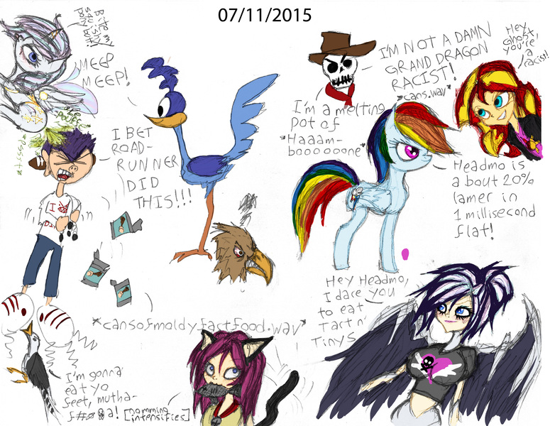 Size: 3292x2550 | Tagged: safe, artist:great-5, derpibooru import, rainbow dash, sunset shimmer, oc, oc:stargazer, seagull, equestria girls, catgirl, fart, fart noise, headmo j. seymour footmelvin, krystal, looney tunes, man-eagle, merrie melodies, non-mlp oc, road runner, safhira, starlight (series), the man they call ghost, true capitalist radio