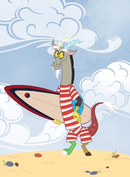 Size: 2241x3041 | Tagged: artist:apilsinn, beach, clothes, derpibooru import, discord, safe, solo, surfboard, swimsuit