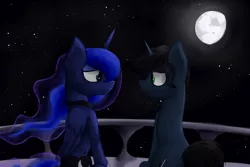 Size: 1280x853 | Tagged: safe, artist:marsminer, derpibooru import, princess luna, oc, oc:midnight song, balcony, canon x oc, commission, love, moon, night, shipping, stars