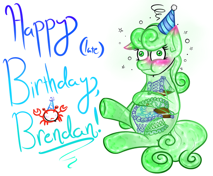Size: 1280x1055 | Tagged: artist:angelartgallery, birthday cake, birthday gift art, blushing, cake, chubby, chubby cheeks, derp, derpibooru import, goo pony, oc, original species, safe, see-through, stomach ache, stuffed, unofficial characters only