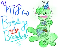 Size: 1280x1055 | Tagged: artist:angelartgallery, birthday cake, birthday gift art, blushing, cake, chubby, chubby cheeks, derp, derpibooru import, goo pony, oc, original species, safe, see-through, stomach ache, stuffed, unofficial characters only