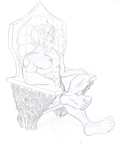 Size: 1045x1280 | Tagged: anthro, artist:thewildcoon, bare chest, barefoot, derpibooru import, feet, foot fetish, king sombra, male, male feet, monochrome, nudity, plantigrade anthro, questionable, sketch, solo, solo male, throne