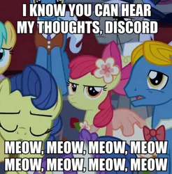 Size: 550x559 | Tagged: apple bloom, caesar, derpibooru import, image macro, implied discord, make new friends but keep discord, masquerade, meme, meow mix, perfect pace, perry pierce, safe, screencap, simpsons did it, sunshower raindrops, telepathy, the boy who knew too much, the simpsons