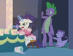 Size: 1176x910 | Tagged: safe, artist:carnifex, derpibooru import, rarity, spike, oc, oc:lavender, dracony, hybrid, adult, adult spike, annoyed, bathrobe, clothes, comfort eating, crying, female, floppy ears, frown, ice cream, interspecies offspring, magic, male, marshmelodrama, mascara, mascarity, messy mane, offspring, older, older spike, open mouth, parent:rarity, parent:spike, parents:sparity, pointing, rarity being rarity, robe, running makeup, sad, shipping, sitting, sparity, stool, straight, telekinesis