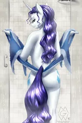Size: 2000x3000 | Tagged: anthro, artist:mykegreywolf, ass, bathrobe, both cutie marks, breasts, clothes, derpibooru import, female, nudity, rarity, rearboob, robe, sexy, shower, sideboob, solo, solo female, strategically covered, suggestive, tail censor, undressing, waist tail, wet, wet mane, wet mane rarity