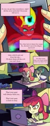 Size: 761x1917 | Tagged: semi-grimdark, derpibooru import, edit, idw, apple bloom, sunset shimmer, equestria girls, my past is not today, spoiler:comic, spoiler:comicholiday2014, anon-a-miss, blackmail, comics, dark reprise, evil, moral event horizon, photoshop, smiling, sunset satan, yandere