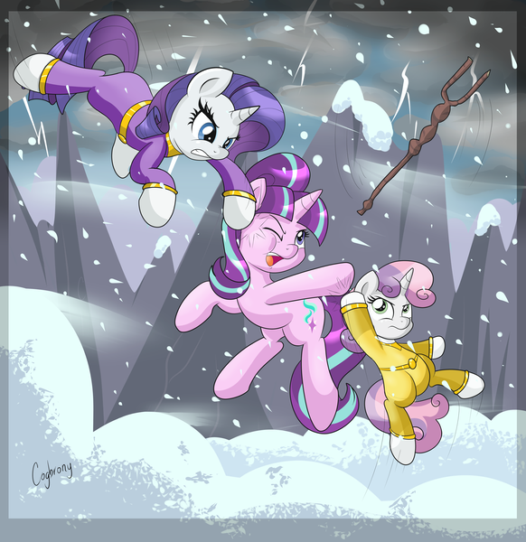 Size: 5888x6069 | Tagged: safe, artist:thebrokencog, derpibooru import, rarity, starlight glimmer, sweetie belle, pony, unicorn, the cutie map, absurd resolution, abuse, angry, chouriki sentai ohranger, clothes, commission, crossover, female, fight, filly, glimmerbuse, mare, one eye closed, open mouth, power rangers, power rangers zeo, purple ranger, s5 starlight, snow, snowfall, staff, staff of sameness, starlight gets what's coming to her, super sentai, yellow ranger