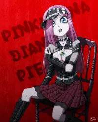 Size: 800x1000 | Tagged: suggestive, artist:uotapo, derpibooru import, pinkie pie, equestria girls, boots, breasts, chains, chair, cleavage, clothes, eyeshadow, female, goth, leather, lip piercing, looking at you, makeup, piercing, pinkamena diane pie, plaid skirt, skirt, skull, solo, solo female