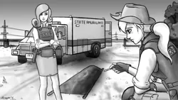 Size: 2560x1440 | Tagged: ambulance, applejack, artist:mozgan, bulletproof vest, cigarette, derpibooru import, detective, fence, gun, human, humanized, monochrome, pistol, police, power line, rarity, semi-grimdark, tire tracks