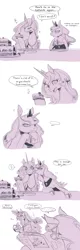 Size: 600x1879 | Tagged: safe, artist:murai shinobu, derpibooru import, edit, princess celestia, princess luna, banana, blushing, brushing, cake, cakelestia, comic, embarrassed, gabby gums, japanese, leaning, licking, magic, monochrome, newspaper, pixiv, surprised, tabloid, telekinesis, text, tongue out, translation