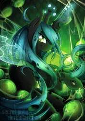 Size: 723x1023 | Tagged: artist:secret-pony, bugbutt, butt, changeling, changeling hive, cocoon, derpibooru import, egg, hive, looking at you, plot, queen chrysalis, safe, smiling, smirk, solo