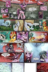 Size: 1280x1920 | Tagged: safe, artist:gray--day, derpibooru import, derpy hooves, gilda, king sombra, maud pie, princess cadance, queen chrysalis, sunset shimmer, tree of harmony, trixie, alicorn, gryphon, pony, comic:of kings and changelings, alternate universe, bright eyes (mirror universe), comic, crystal heart, dark magic, evil cadance, glasses, good king sombra, i can't believe it's not idw, race swap, reversalis, transformation, tree of disharmony, trixiecorn