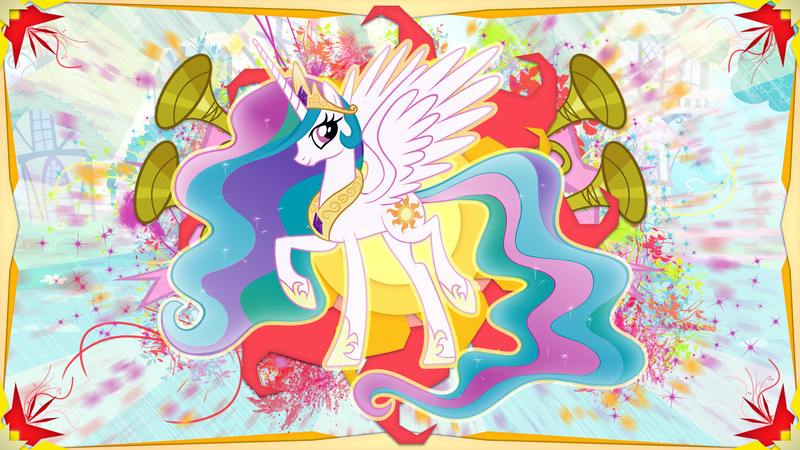 Size: 2560x1440 | Tagged: artist:skrayp, derpibooru import, musical instrument, ponyville, pose, princess celestia, raised hoof, safe, trumpet, vector, wallpaper