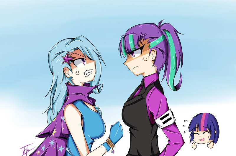 Size: 4000x2652 | Tagged: angry, armband, artist:johnyho, clothes, counterparts, derpibooru import, eye contact, female, fight, fist, frown, glare, gloves, gritted teeth, hilarious in hindsight, human, humanized, lesbian, magical trio, safe, shipping, starlight glimmer, starlight himmler, trixie, twilight's counterparts, twilight sparkle, twistarlight, twixie