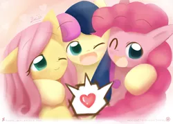 Size: 1209x866 | Tagged: andrea libman, artist:howxu, bon bon, derpibooru import, fluttershy, pinkie pie, safe, sweetie drops, voice actor joke