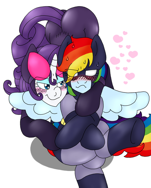 Size: 1601x1988 | Tagged: artist:blackbewhite2k7, batman, batmare, bent over, blushing, catwoman, crossed legs, crossover, derpibooru import, female, hanging, heart, hug, lesbian, plot, rainbow dash, raridash, rarity, rearity, safe, shipping, sitting, the ass was fat