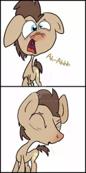 Size: 632x1264 | Tagged: safe, artist:binkyt11, derpibooru import, doctor whooves, time turner, pony, male, old art is old, red nosed, sneezing, stallion