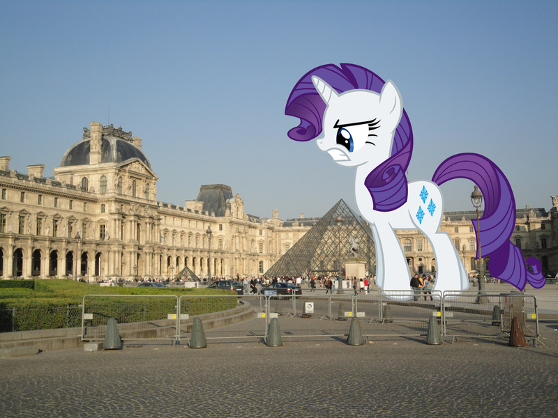 Size: 1024x768 | Tagged: safe, artist:atmospark, artist:auskeldeo, derpibooru import, rarity, pony, giant pony, giantess, irl, louvre, macro, paris, photo, ponies in real life, rarity is not amused