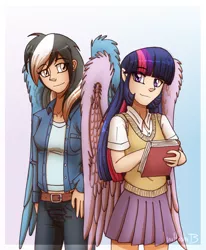 Size: 700x850 | Tagged: artist:inuhoshi-to-darkpen, belt, book, clothes, derpibooru import, human, humanized, humanized oc, oc, oc:storm kicker, pants, safe, shirt, skirt, twilight sparkle, twilight sparkle (alicorn), vest, winged humanization, winningverse