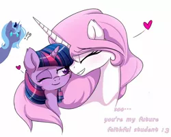 Size: 1600x1278 | Tagged: dead source, safe, artist:magnaluna, derpibooru import, princess celestia, princess luna, twilight sparkle, pony, unicorn, dialogue, exclamation point, eyes closed, female, filly, happy, heart, lesbian, nuzzling, one eye closed, pink-mane celestia, question mark, shipping, simple background, smiling, text, twilestia, white background, wink, younger