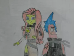 Size: 1024x768 | Tagged: safe, artist:brandonale, derpibooru import, fluttershy, equestria girls, black star, clothes, cosplay, costume, crossover, patrick star, soul eater, spongebob squarepants, traditional art, tsubaki nakatsukasa