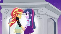 Size: 3947x2189 | Tagged: dead source, safe, artist:xebck, derpibooru import, sunset shimmer, twilight sparkle, equestria girls, bowtie, clothes, female, hilarious in hindsight, holding hands, jacket, korrasami, leather jacket, lesbian, portal, reference, shipping, skirt, sparkles, sunsetsparkle, the legend of korra, vector