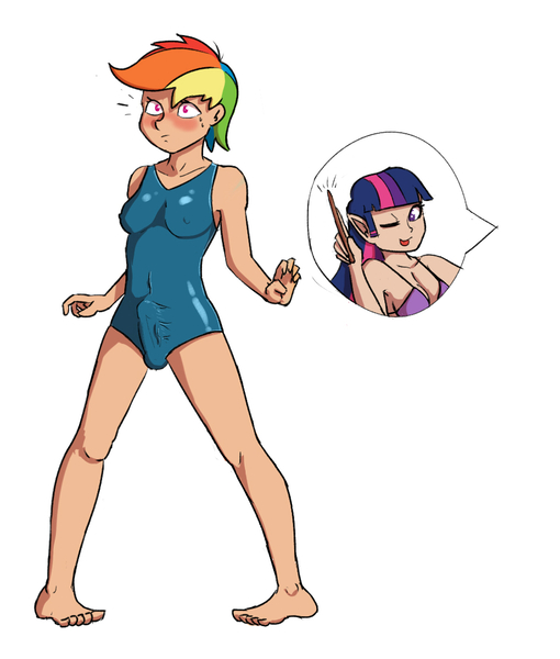 Size: 942x1108 | Tagged: questionable, artist:crade, derpibooru import, rainbow dash, twilight sparkle, human, barefoot, blushing, breasts, clothes, crotch bulge, erect nipples, feet, futa, futa human, futa rainbow dash, humanized, intersex, nipple outline, one-piece swimsuit, penis, solo, solo futa, swimsuit, toes, tongue out