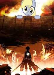 Size: 524x724 | Tagged: safe, derpibooru import, derpy hooves, pegasus, pony, do princesses dream of magic sheep, anime, attack on titan, derpysaur, eren jaeger, female, mare, meme, parody