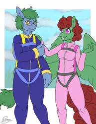 Size: 1023x1324 | Tagged: anthro, artist:rozga, blushing, clothes, couple, derpibooru import, glasses, height difference, jumpsuit, oc, oc:software patch, oc:windcatcher, parachute, safe, unofficial characters only, windpatch