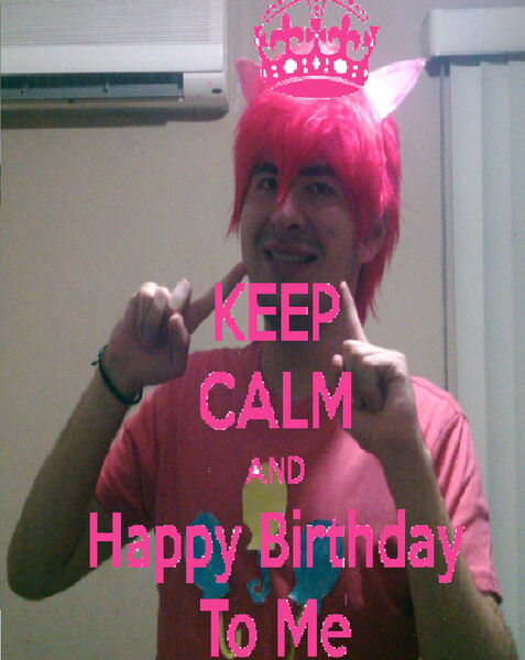 Size: 928x1168 | Tagged: safe, artist:brandonale, derpibooru import, pinkie pie, human, birthday, bubble berry, clothes, cosplay, happy birthday, image macro, irl, irl human, keep calm and carry on, meme, photo, rule 63