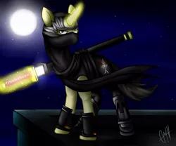 Size: 960x800 | Tagged: safe, artist:dreamworld-art, derpibooru import, ponified, pony, unicorn, crossover, night, ninja, ninja gaiden, ryu hayabusa, solo, sword, video game, weapon