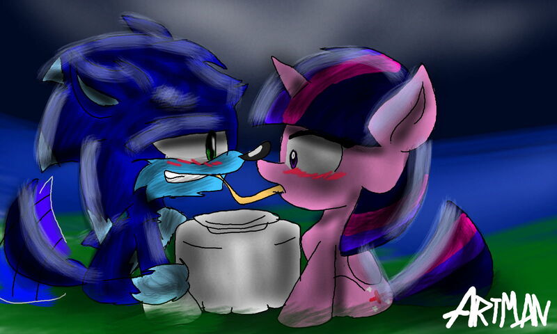 Size: 1600x960 | Tagged: artist:sonicart100, crossover, crossover shipping, derpibooru import, female, lady and the tramp, male, safe, scene parody, shipping, sonic the hedgehog, sonic the hedgehog (series), sonic the werehog, straight, twilight sparkle, twisonic