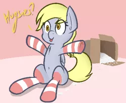 Size: 2000x1640 | Tagged: safe, artist:jordo76, derpibooru import, derpy hooves, pegasus, pony, :p, belly button, box, cardboard box, chest fluff, clothes, cute, derpabetes, filly, fluffy, hug request, packing peanuts, sitting, smiling, socks, solo, striped socks, tongue out, wide eyes