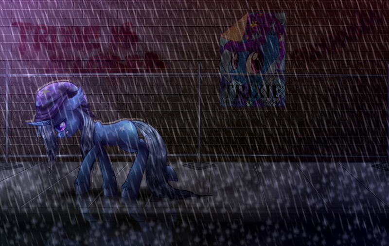 Size: 1634x1034 | Tagged: dead source, safe, artist:tidalwav-3, derpibooru import, trixie, pony, unicorn, crying, female, mare, poster, rain, sad, solo