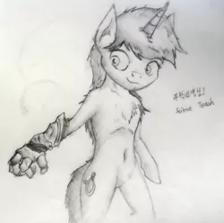 Size: 1280x1270 | Tagged: safe, artist:science teach, derpibooru import, lyra heartstrings, pony, semi-anthro, artificial hands, belly button, bipedal, chest fluff, monochrome, pencil drawing, solo, traditional art