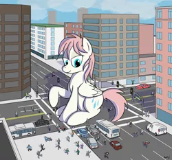 Size: 2047x1906 | Tagged: safe, artist:rapidstrike, derpibooru import, oc, oc:liera, unofficial characters only, human, pony, building, bus, car, city, commission, giant pony, giantess, macro, panic, sitting, size difference