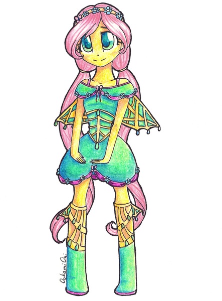 Size: 3151x4267 | Tagged: safe, artist:0okami-0ni, derpibooru import, fluttershy, equestria girls, solo, traditional art