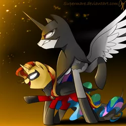 Size: 1181x1181 | Tagged: safe, artist:supermare, derpibooru import, princess celestia, sunset shimmer, pony, batman, batman and robin, clothes, costume, dc comics, gritted teeth, jason todd, mask, open mouth, raised hoof, robin