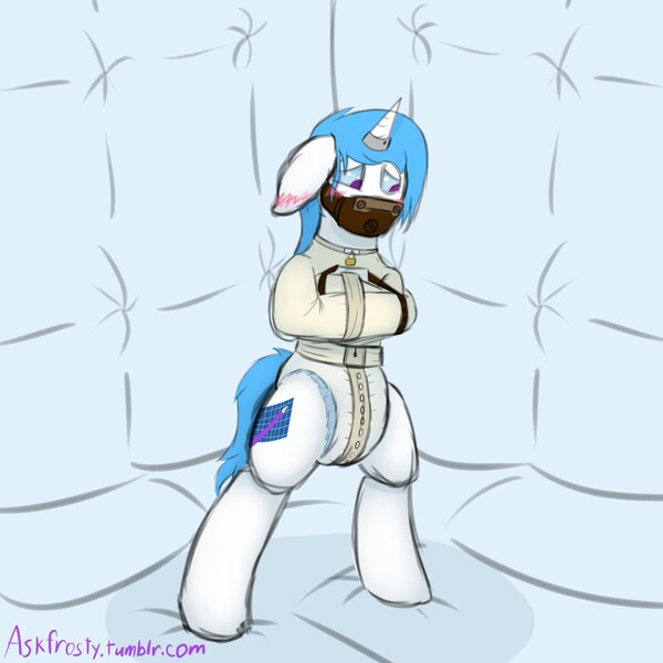 Size: 1280x1280 | Tagged: questionable, artist:frostyb, derpibooru import, oc, oc:frosty, unofficial characters only, pony, asylum, bipedal, bondage, crotch rope, diaper, diaper bondage, diaper fetish, gag, horn ring, institutionalized, magic suppression, muzzle gag, padded cell, padlock, straitjacket