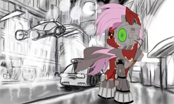 Size: 2560x1536 | Tagged: safe, artist:ruhisu, derpibooru import, oc, oc:red bucket, unofficial characters only, cyborg, earth pony, pony, 2019, blade runner, cape, car, city, clothes, coat, cyberpunk, female, flying car, los angeles, los pegasus, mare, prosthetic eye, prosthetic limb, prosthetics, science fiction, skyscraper, solo, spinner, street, wind, wip