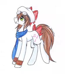 Size: 1024x1156 | Tagged: safe, artist:schizoidtomii, artist:tomiipl, derpibooru import, ponified, earth pony, pony, bow, clothes, cornet, fluffy, goggles, grin, hat, raised leg, rhapsody: a musical adventure, scarf, simple background, smiling, tail bow, traditional art, white background