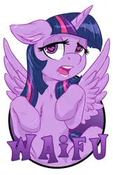 Size: 413x638 | Tagged: suggestive, artist:hobbes-maxwell, derpibooru import, twilight sparkle, twilight sparkle (alicorn), alicorn, pony, ahegao, badge, con badge, ear fluff, female, heart eyes, looking at you, mare, open mouth, solo, solo female, waifu, waifu badge, wingding eyes