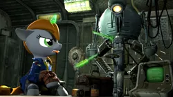 Size: 1920x1080 | Tagged: safe, artist:d0ntst0pme, derpibooru import, oc, oc:littlepip, unofficial characters only, pony, robot, unicorn, fallout equestria, fanfic, 3d, buzzsaw, clothes, computer, fallout, fanfic art, female, glowing horn, hooves, horn, levitation, magic, mare, mister handy, open mouth, pipbuck, power cell, repairing, screwdriver, solo, source filmmaker, telekinesis, terminal, tongue out, toolbox, tools, vault suit, wrench