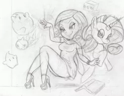 Size: 1000x778 | Tagged: artist:todd18, book, clothes, crossover, derpibooru import, dress, human, humanized, luma, monochrome, nintendo, pencil drawing, rarity, safe, sega, sketch, smiling, sonic colors, sonic the hedgehog (series), super mario bros., super mario galaxy, traditional art, wisp